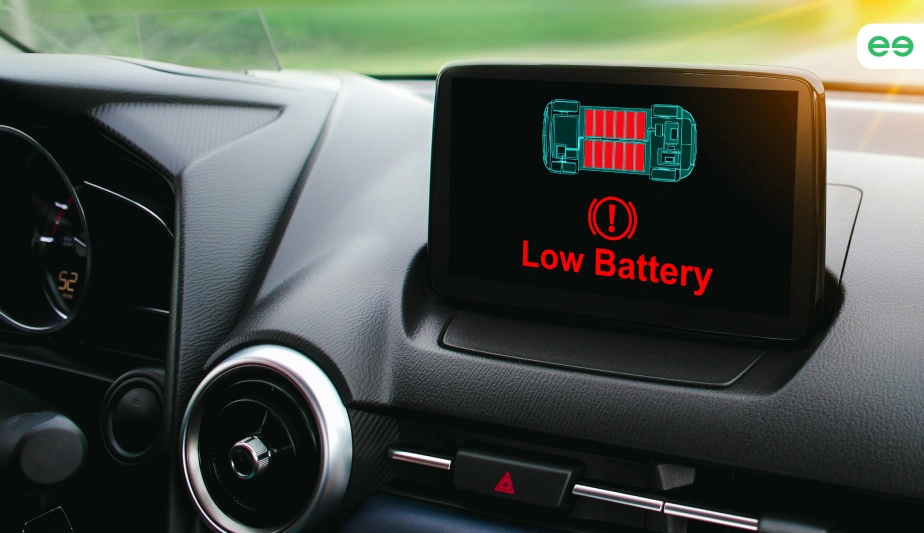 A low battery warning on an electric vehicle’s dashboard