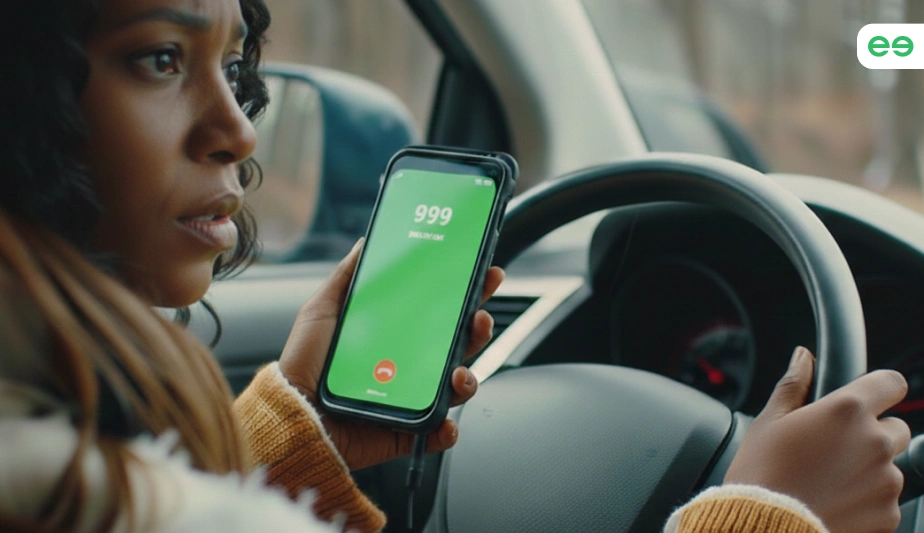 A worried PCO driver (woman) dialling 999 on her mobile phone