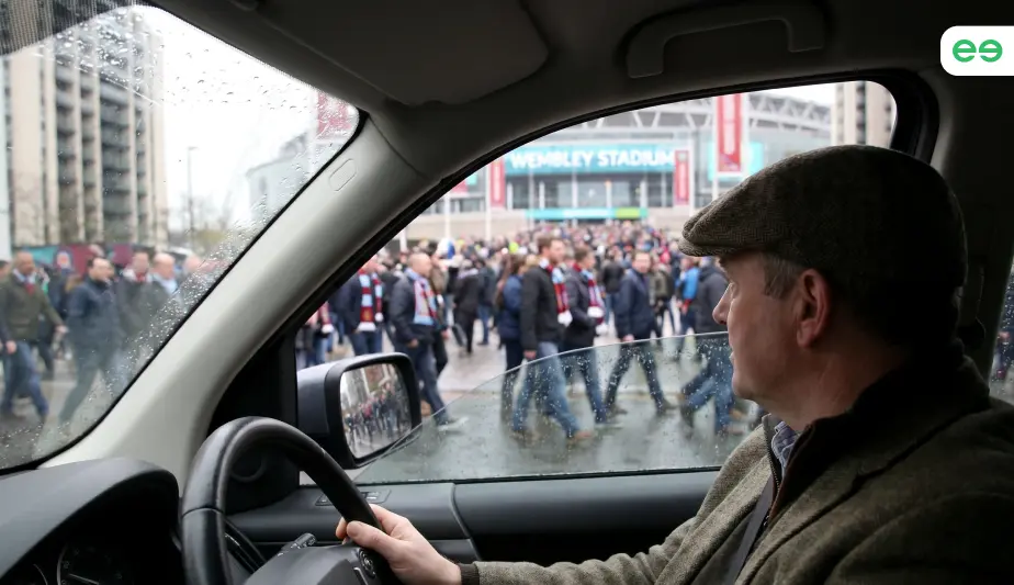 London Stadium crowd on match day and Surge demand illustration on Uber apps (cars + arrows)