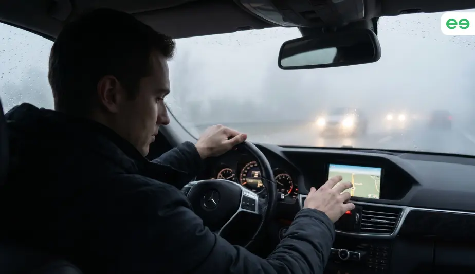 PCO driver checking navigation and visibility inside the car during heavy fog