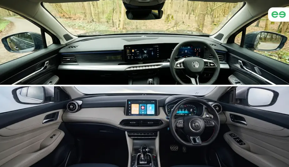 side-by-side comparison of MG HS Trophy Spec 2026 vs MG S9 Plug-in Hybrid interior showing seats and cabin